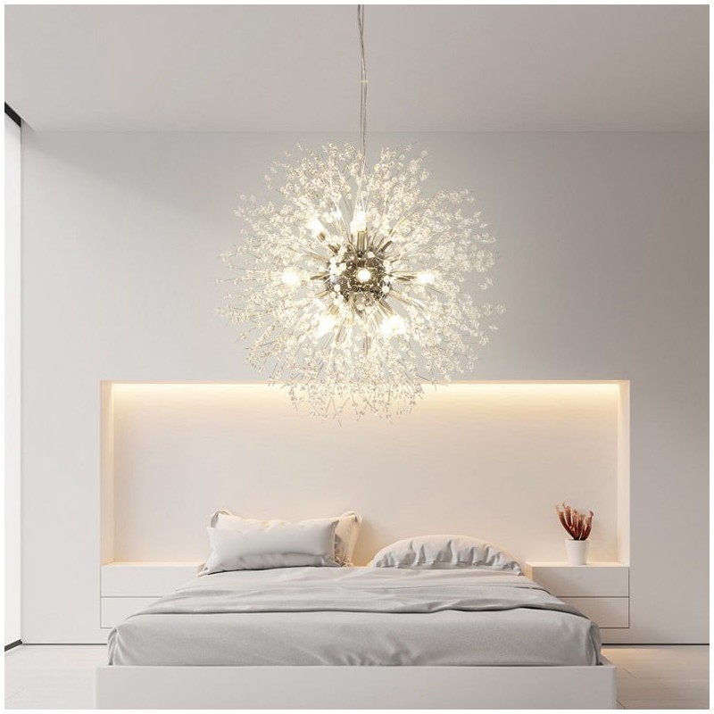 Lampadario a globo in metallo cromato e cristallo effetto dente di leone