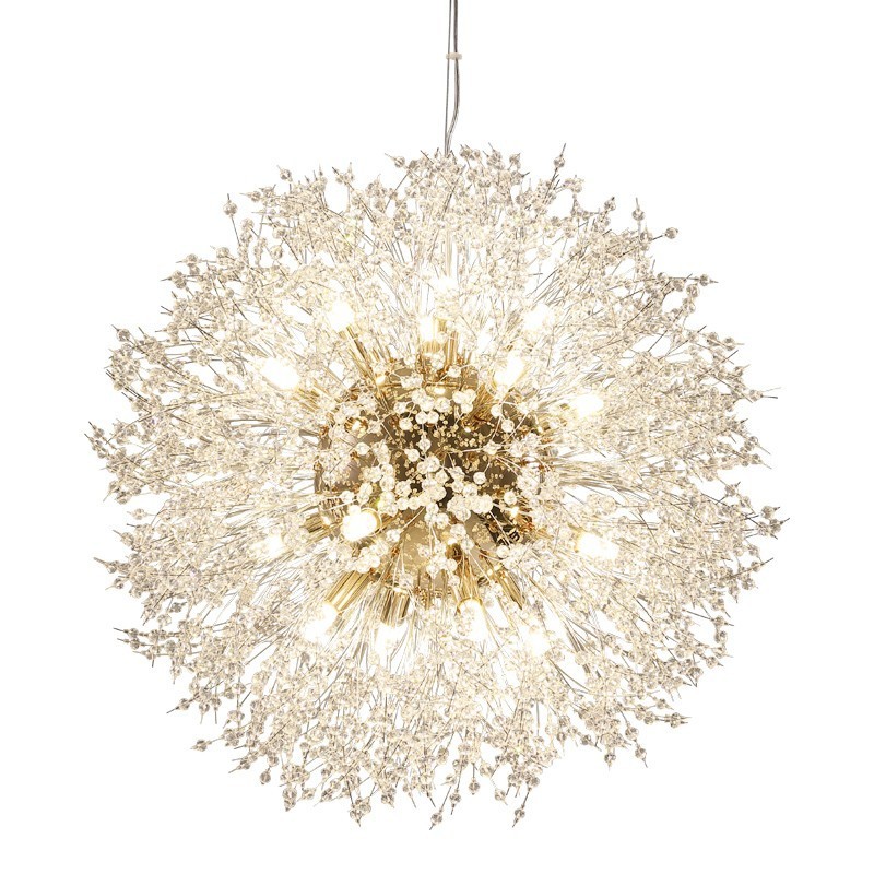 Lampadario a globo in metallo cromato e cristallo effetto dente di leone