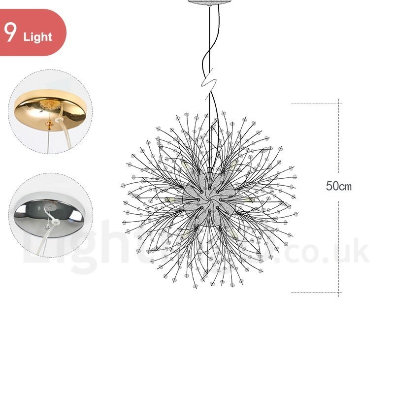 Lampadario a globo in metallo cromato e cristallo effetto dente di leone