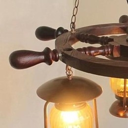 Lampadario retrò in legno e bambù dipinto con paralume in vetro