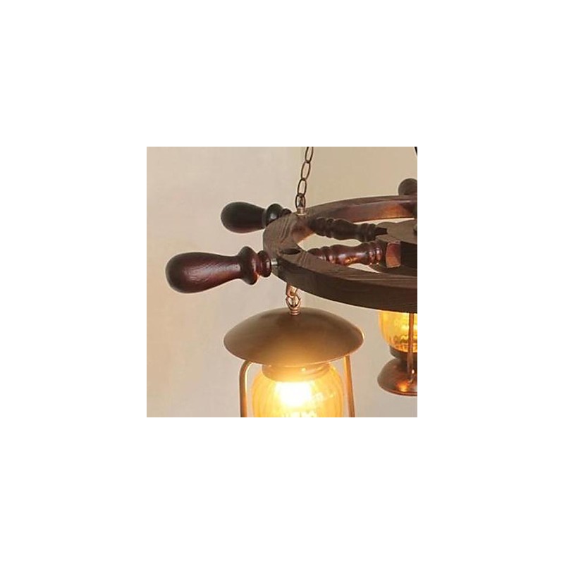 Lampadario retrò in legno e bambù dipinto con paralume in vetro