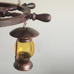 Lampadario retrò in legno e bambù dipinto con paralume in vetro