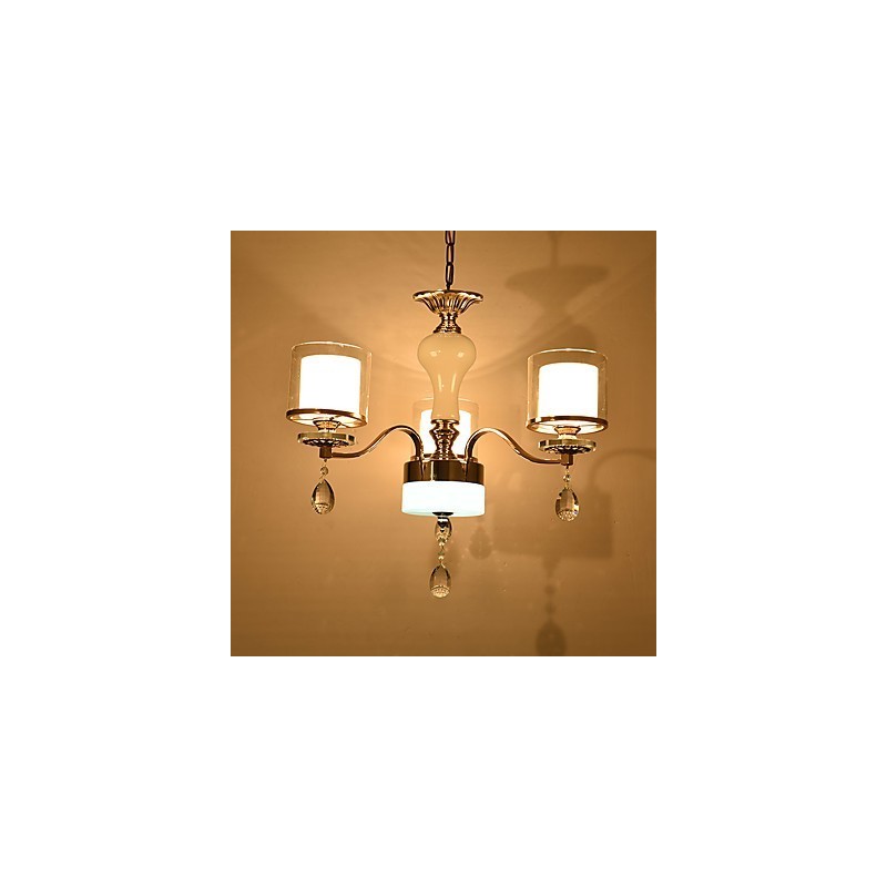 Lampadario moderno contemporaneo in metallo e cristallo, finitura galvanostegiata, 3 lampadine E12/E14