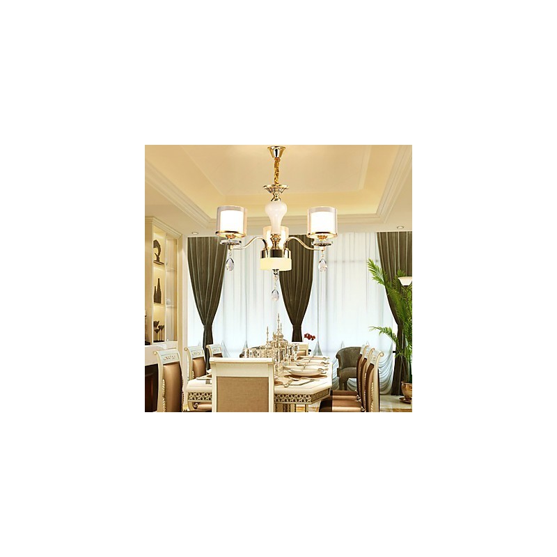 Lampadario moderno contemporaneo in metallo e cristallo, finitura galvanostegiata, 3 lampadine E12/E14