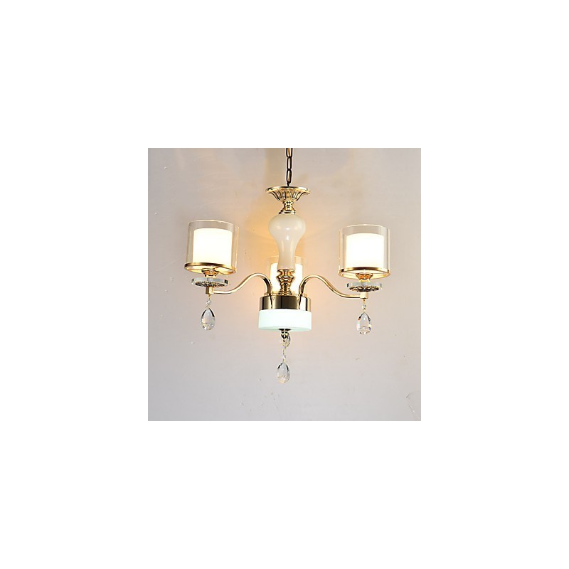 Lampadario moderno contemporaneo in metallo e cristallo, finitura galvanostegiata, 3 lampadine E12/E14