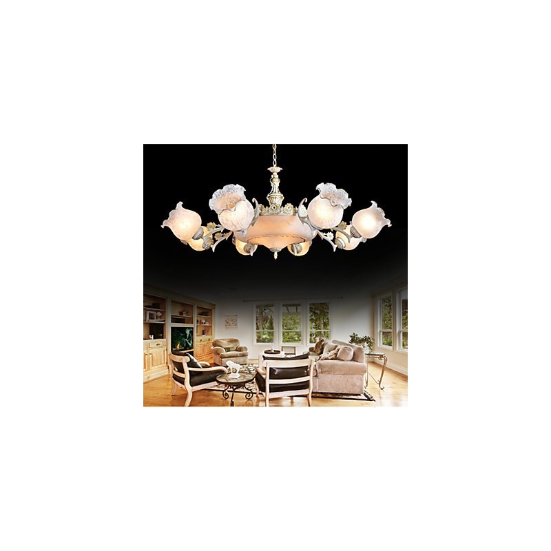Lampadario classico vintage in metallo bianco con dettagli dorati e vetro bianco
