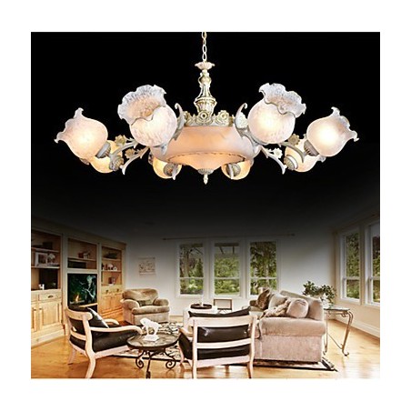 Lampadario classico vintage in metallo bianco con dettagli dorati e vetro bianco