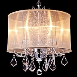 Lampadario in metallo cromo con cristalli, 6 luci E12/E14, catena regolabile, 56x50x60 cm