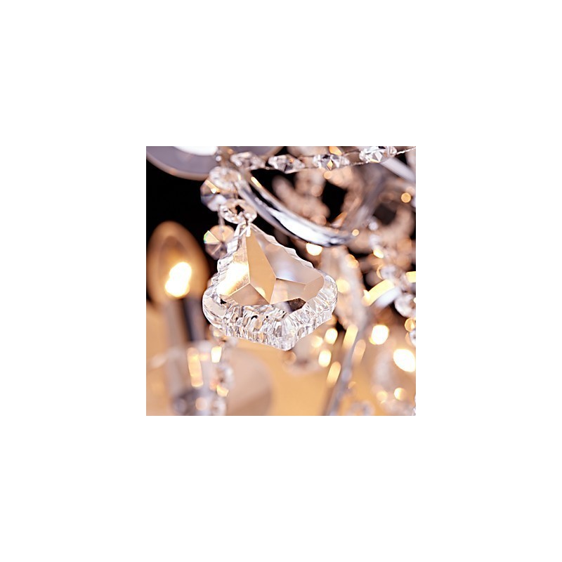 Lampadario in metallo cromo con cristalli, 6 luci E12/E14, catena regolabile, 56x50x60 cm