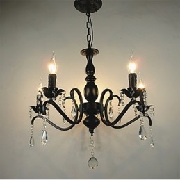 Lampadario in ferro battuto stile europeo nero con cristalli, 5 lampadine E12/E14