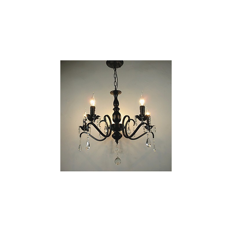 Lampadario in ferro battuto stile europeo nero con cristalli, 5 lampadine E12/E14