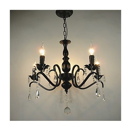 Lampadario in ferro battuto stile europeo nero con cristalli, 5 lampadine E12/E14