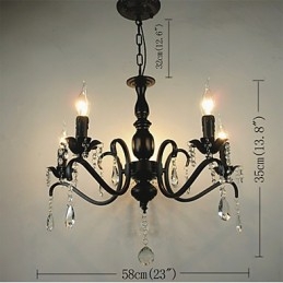 Lampadario in ferro battuto stile europeo nero con cristalli, 5 lampadine E12/E14