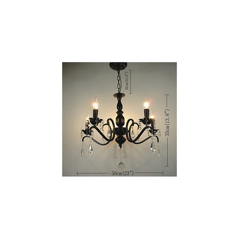 Lampadario in ferro battuto stile europeo nero con cristalli, 5 lampadine E12/E14