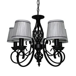 Lampadario moderno contemporaneo in metallo nero e tessuto bianco, 5 luci E12/E14