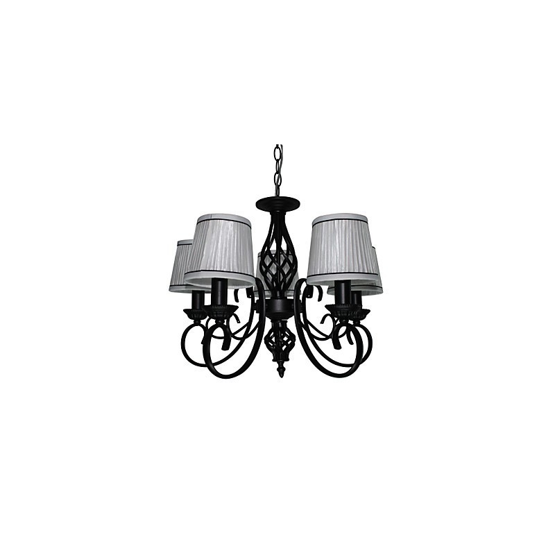Lampadario moderno contemporaneo in metallo nero e tessuto bianco, 5 luci E12/E14