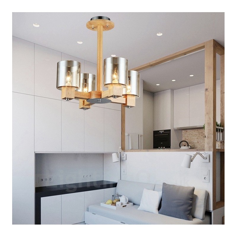 Lampadario moderno nordico in legno chiaro con paralume in vetro 70x40 cm