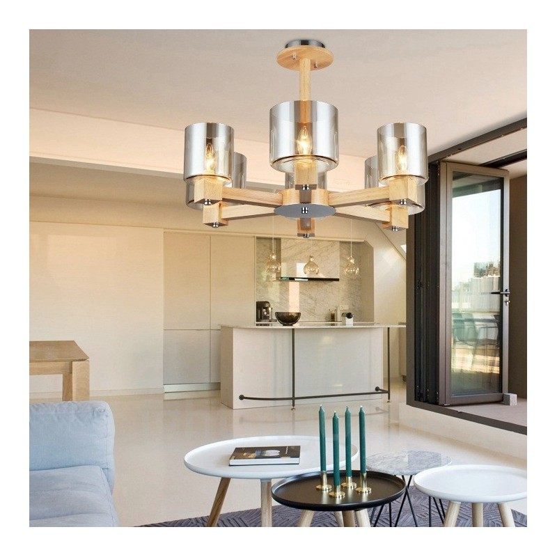 Lampadario nordico moderno contemporaneo in legno chiaro con paralume in vetro 70x40 cm