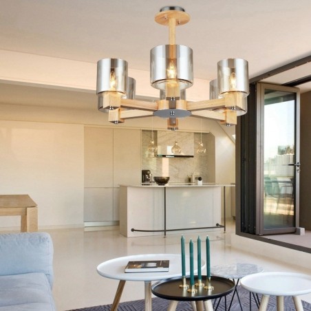 Lampadario nordico moderno contemporaneo in legno chiaro con paralume in vetro 70x40 cm