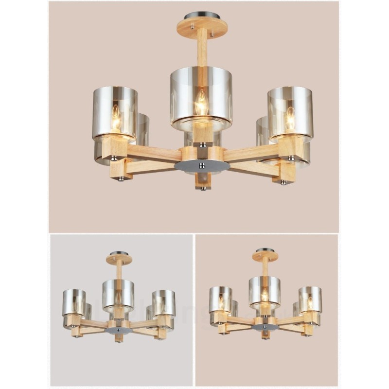 Lampadario nordico moderno contemporaneo in legno chiaro con paralume in vetro 70x40 cm