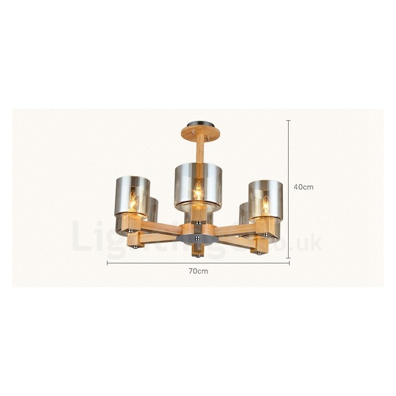 Lampadario nordico moderno contemporaneo in legno chiaro con paralume in vetro 70x40 cm