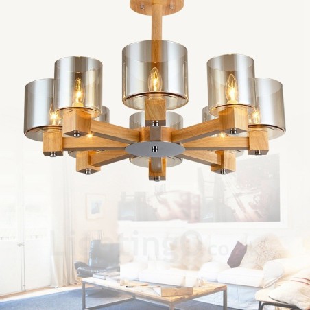 Lampadario nordico contemporaneo in legno chiaro e vetro 70x40 cm