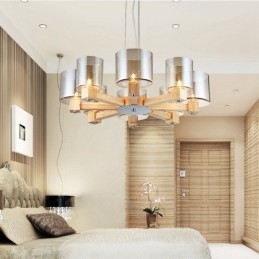 Lampadario nordico contemporaneo in legno chiaro e vetro 70x40 cm
