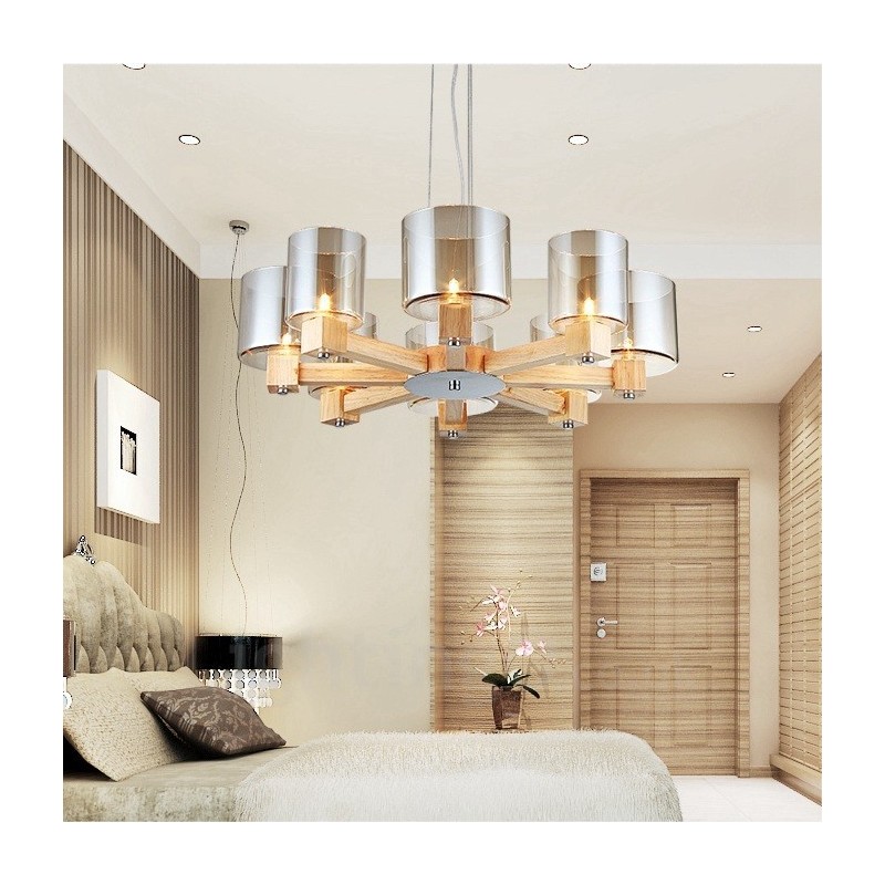 Lampadario nordico contemporaneo in legno chiaro e vetro 70x40 cm