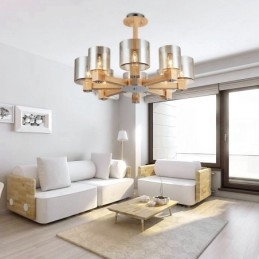Lampadario nordico contemporaneo in legno chiaro e vetro 70x40 cm