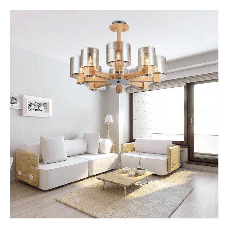 Lampadario nordico contemporaneo in legno chiaro e vetro 70x40 cm