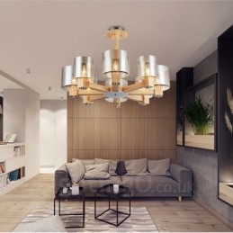 Lampadario nordico contemporaneo in legno chiaro e vetro 70x40 cm