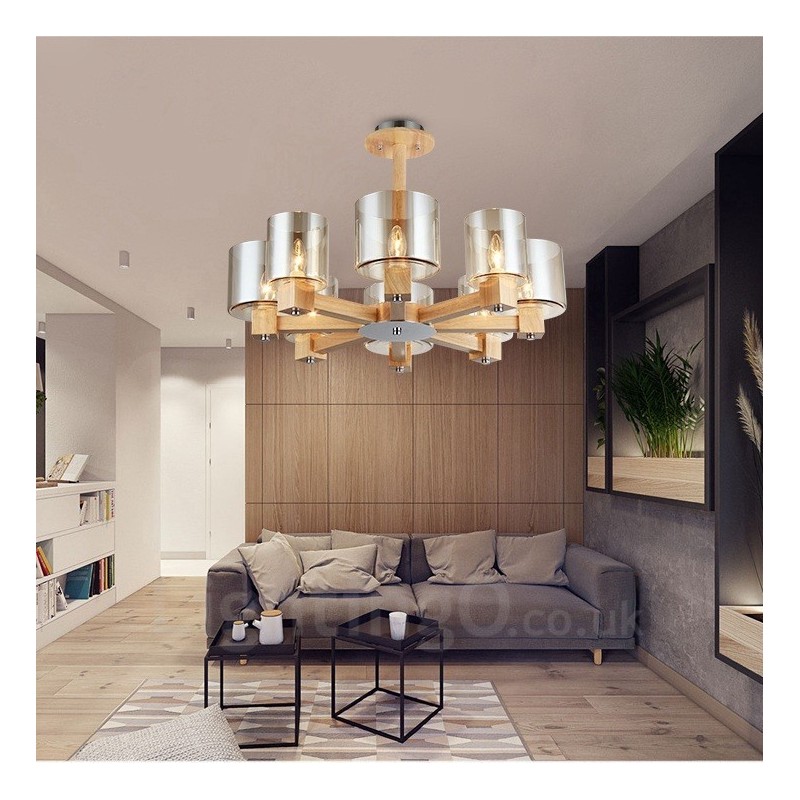 Lampadario nordico contemporaneo in legno chiaro e vetro 70x40 cm