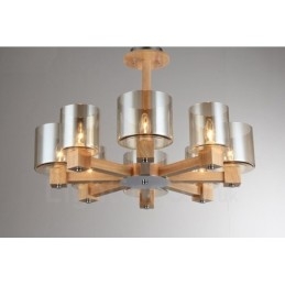 Lampadario nordico contemporaneo in legno chiaro e vetro 70x40 cm