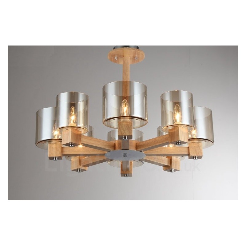 Lampadario nordico contemporaneo in legno chiaro e vetro 70x40 cm