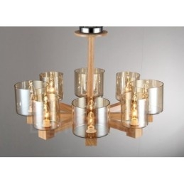 Lampadario nordico contemporaneo in legno chiaro e vetro 70x40 cm
