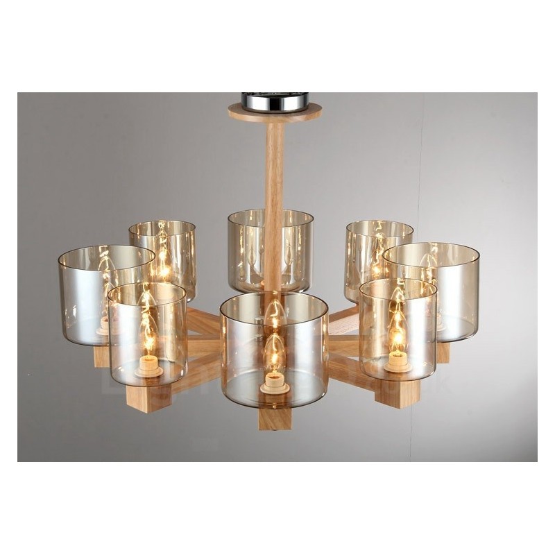 Lampadario nordico contemporaneo in legno chiaro e vetro 70x40 cm