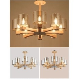 Lampadario nordico contemporaneo in legno chiaro e vetro 70x40 cm