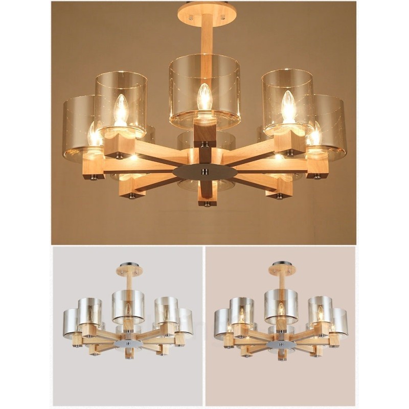 Lampadario nordico contemporaneo in legno chiaro e vetro 70x40 cm