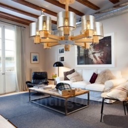 Lampadario nordico contemporaneo in legno chiaro e vetro 70x40 cm