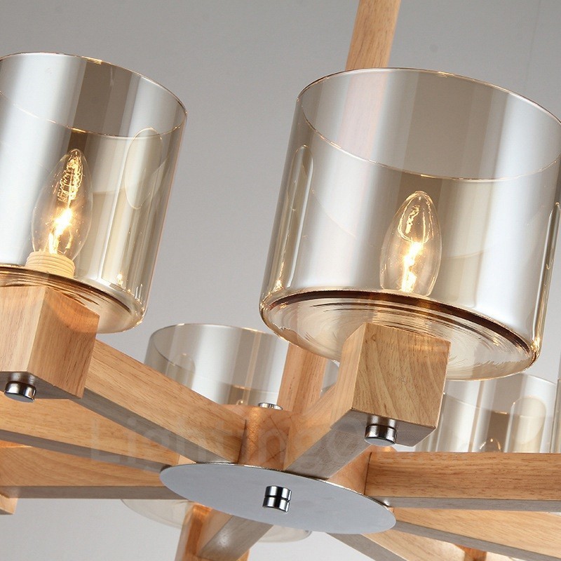 Lampadario nordico contemporaneo in legno chiaro e vetro 70x40 cm