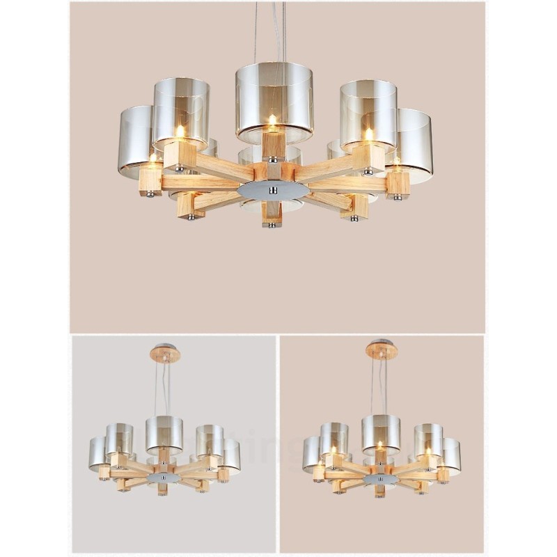 Lampadario nordico contemporaneo in legno chiaro e vetro 70x40 cm