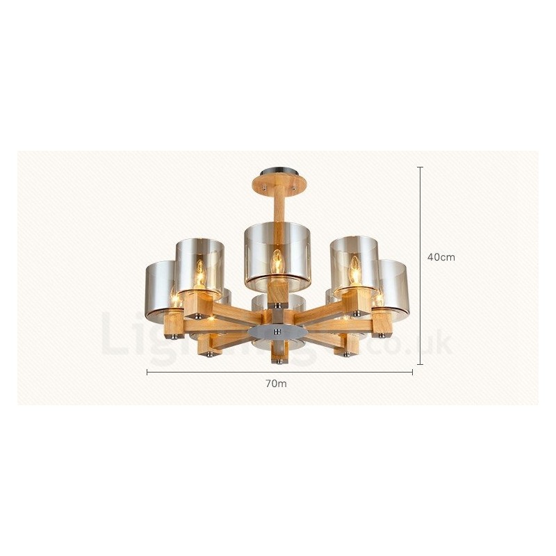 Lampadario nordico contemporaneo in legno chiaro e vetro 70x40 cm