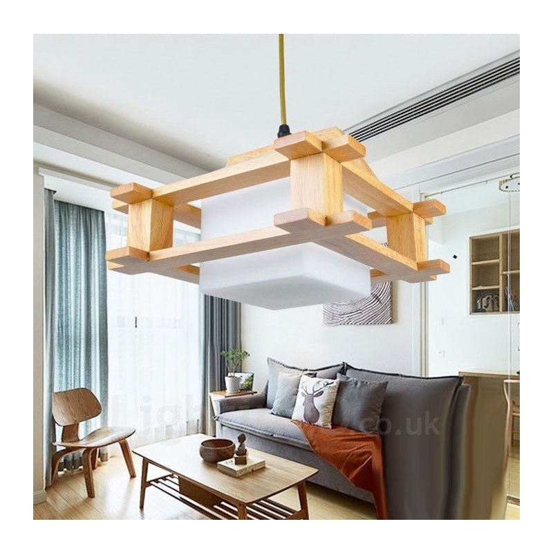 1 lampada a sospensione moderna in stile nordico contemporaneo in legno chiaro con paralume in vetro