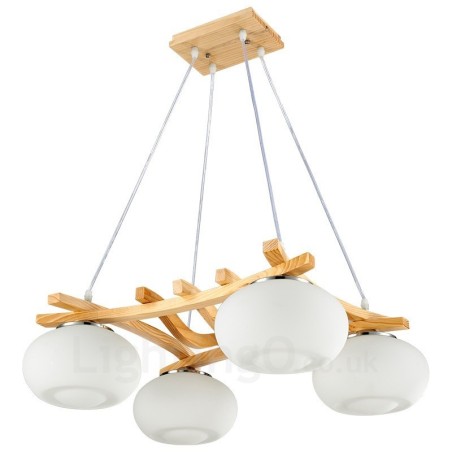 Lampada a sospensione rustica in legno a 4 luci con paralumi in vetro