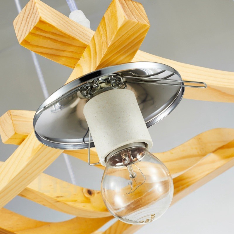 Lampada a sospensione rustica in legno a 4 luci con paralumi in vetro