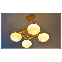Lampada a sospensione rustica in legno a 4 luci con paralumi in vetro