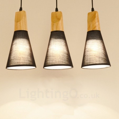 Lampada a sospensione contemporanea in legno a 3 luci con paralume in tessuto 49 x 17,5 cm
