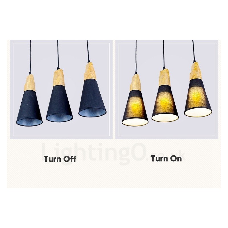 Lampada a sospensione contemporanea in legno a 3 luci con paralume in tessuto 49 x 17,5 cm