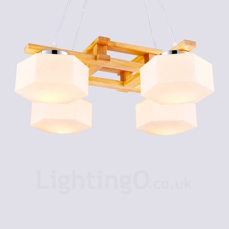 Lampada a sospensione moderna nordica in legno chiaro con paralume in vetro 64 x 64 x 46 cm