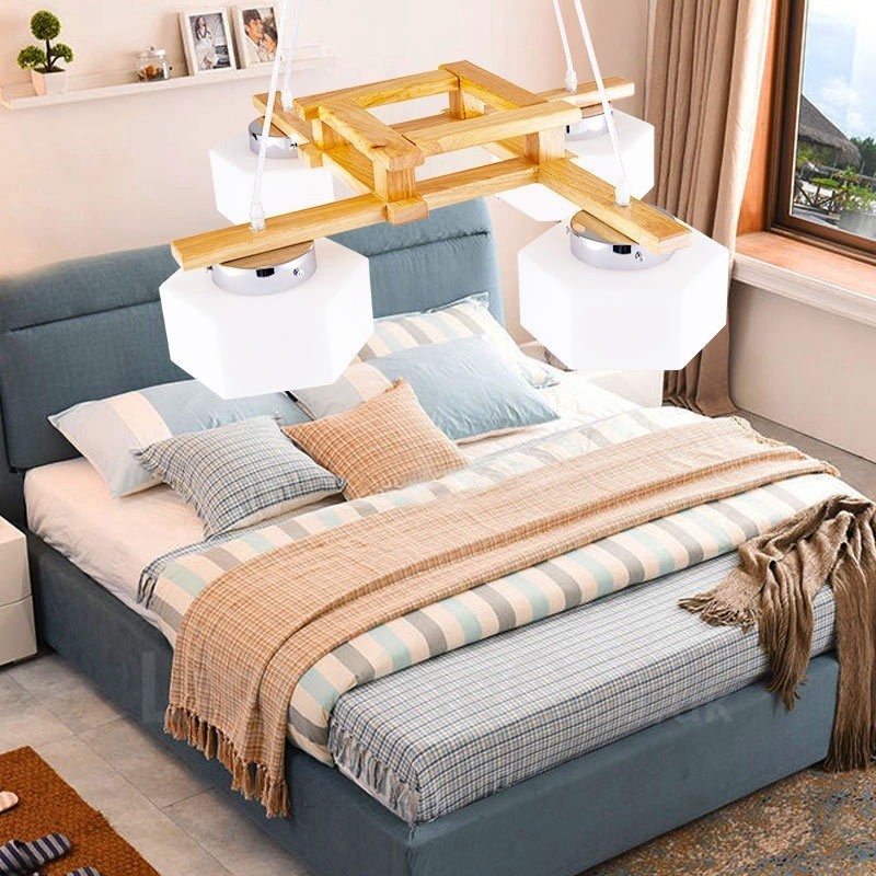 Lampada a sospensione moderna nordica in legno chiaro con paralume in vetro 64 x 64 x 46 cm